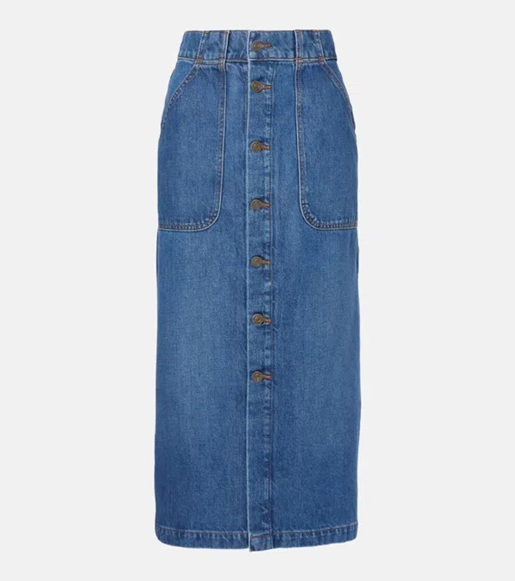 FRAME Modern Pocket Button Front Midi Denim Skirt In Blue product image