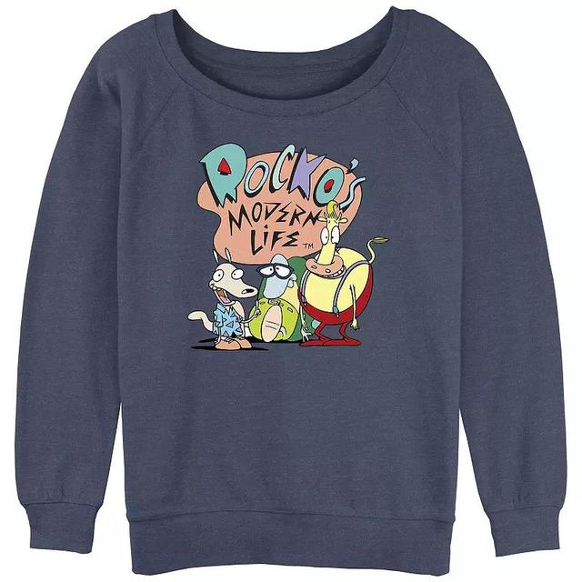 Juniors Rockos Modern Life Logo Slouchy Terry Graphic Pullover, Womens Blue Grey Product Image