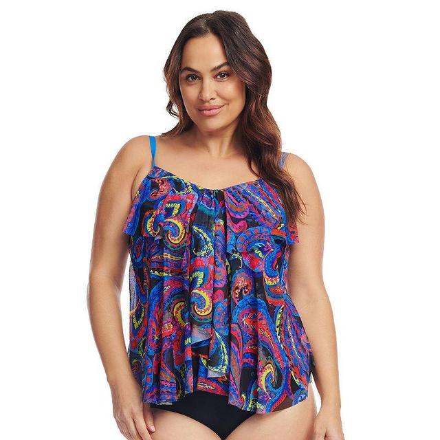 Plus Size Mazu Sea Breeze Paisley Draped Tier Mesh Tankini Swim Top, Womens Product Image