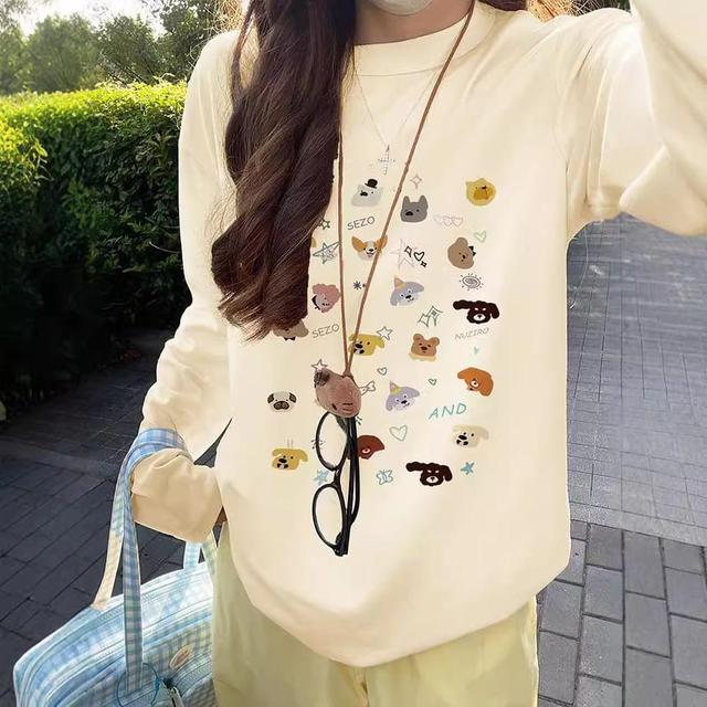 Long Sleeve Crew Neck Cartoon Print Tee Product Image