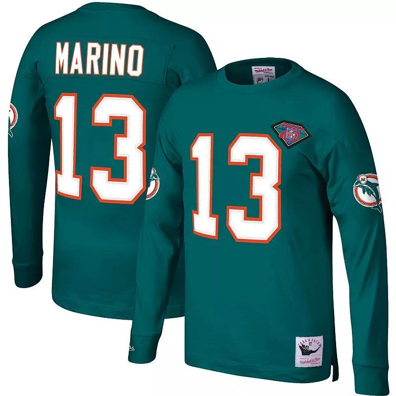 Mens Mitchell & Ness Dan Marino Aqua Miami Dolphins Throwback Retired Player Name & Number Long Sleeve Top Turquoise A Product Image