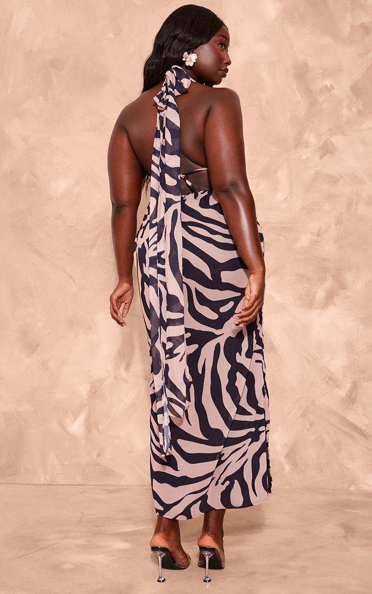 Plus Stone Zebra Printed Chiffon Halterneck Maxi Dress Product Image