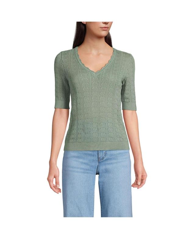 Womens Lands End Heirloom Pointelle Elbow Sleeve V-Neck Sweater Product Image