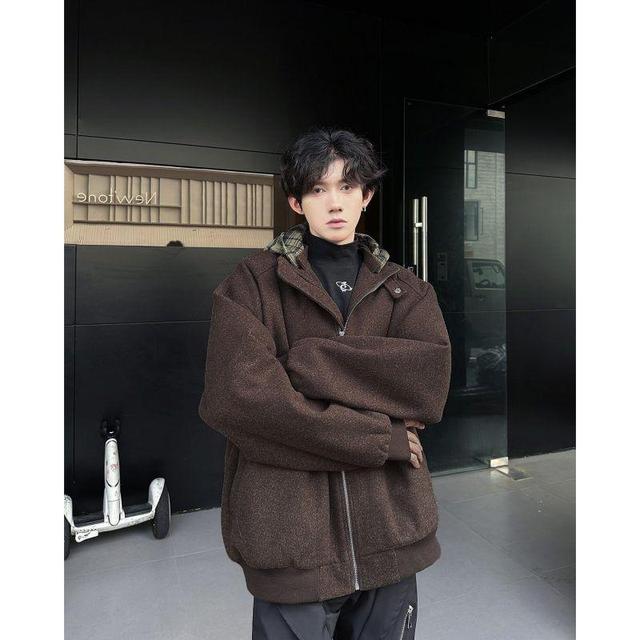 Hooded Plaid Panel Zip Up Jacket Product Image