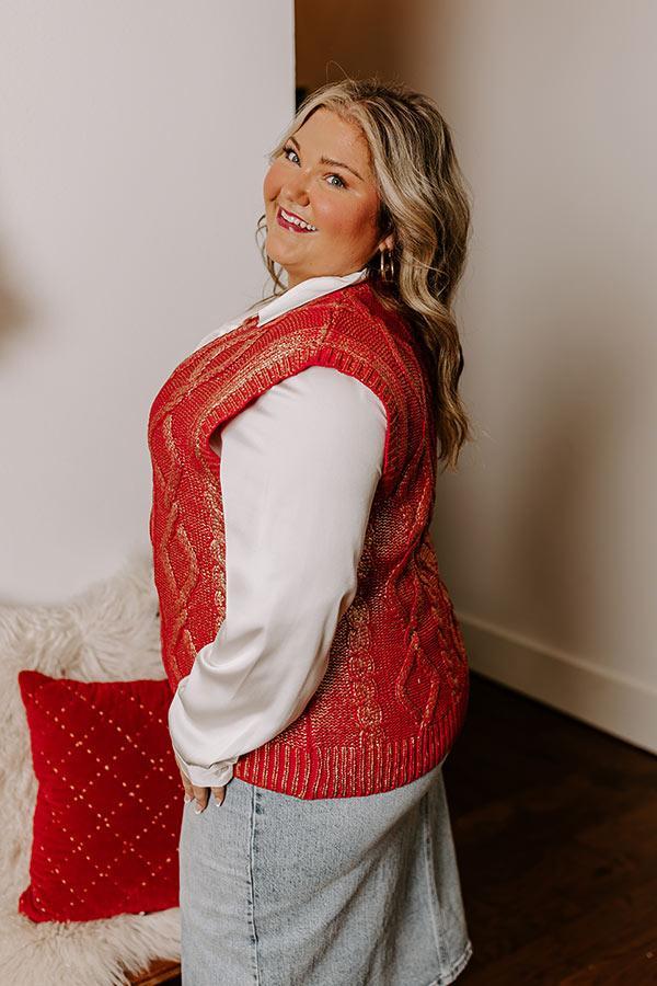 Holiday Party Metallic Knit Vest Top in Red Curves Product Image