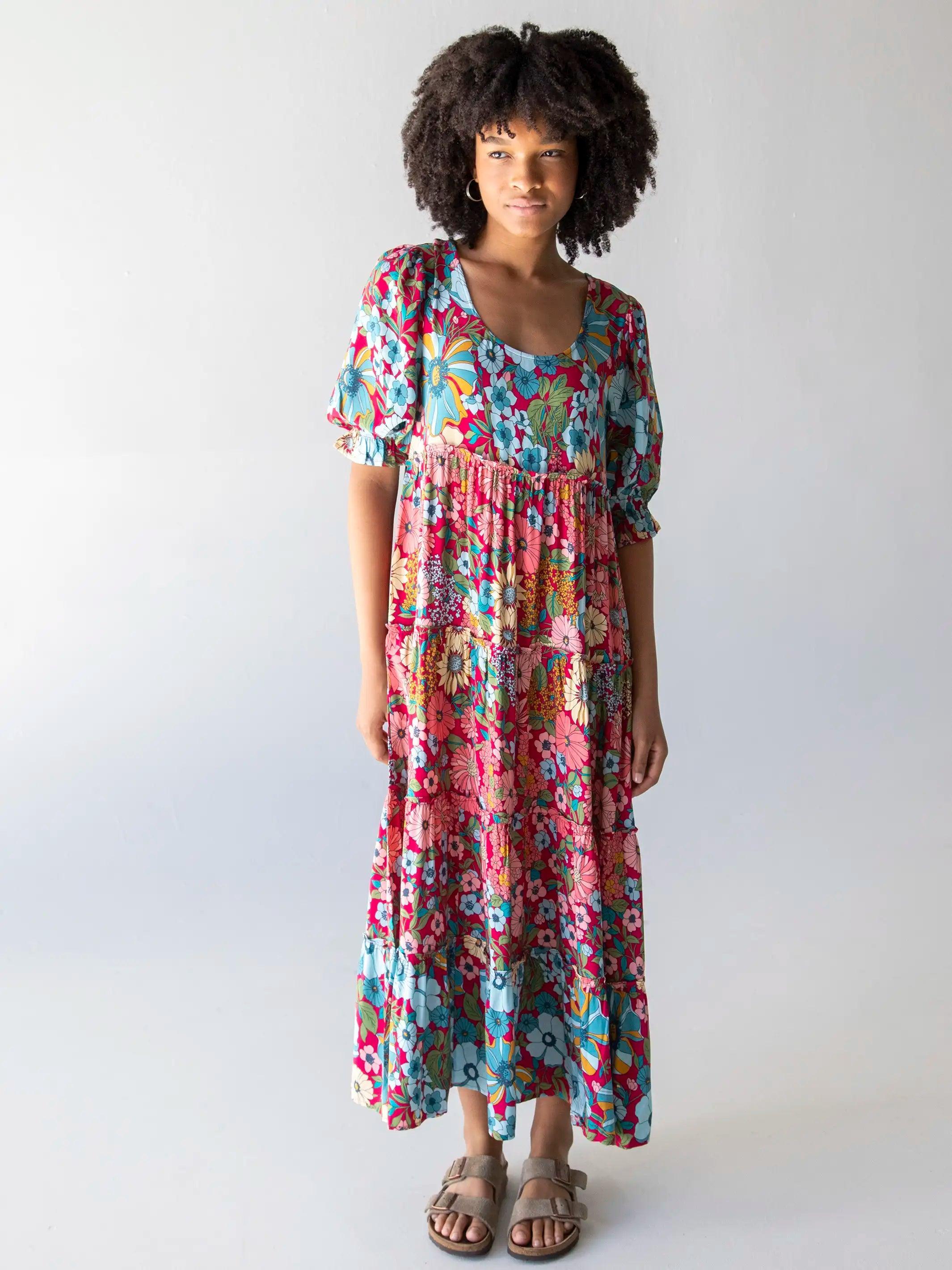 Collette Tiered Maxi Dress - Blue Red Floral Product Image