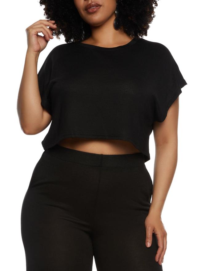 Womens Plus Size Daisy Brushed Knit Crew Neck Crop Top Product Image