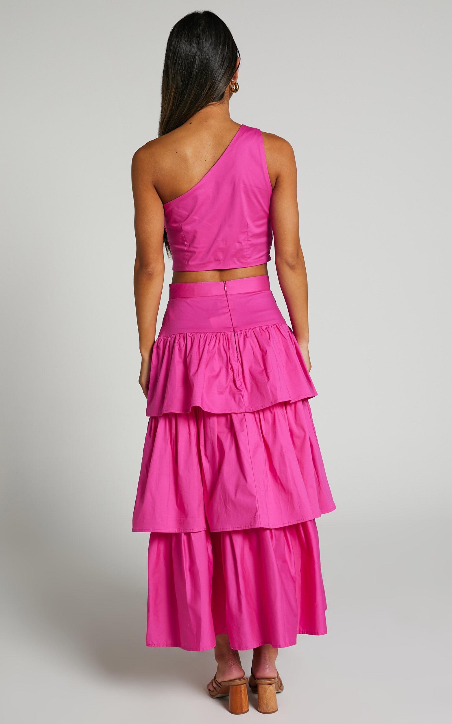 Kaycie Two Piece Set - One Shoulder Asymmetrical Ruched Top and Tiered Midi Skirt Set in Pink Product Image