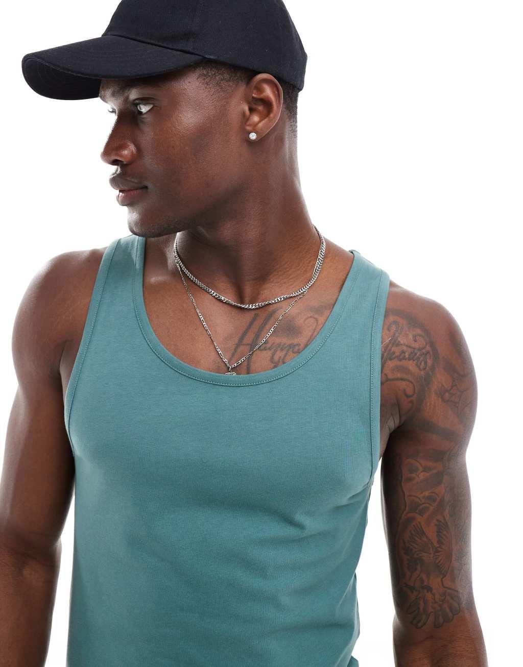 ASOS DESIGN 2 pack muscle fit tank tops in stone and mid green Product Image