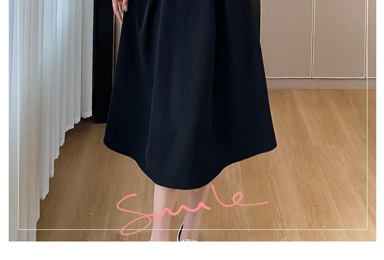 Long-Sleeve Contrast Collar Button-Up Midi A-Line Dress Product Image