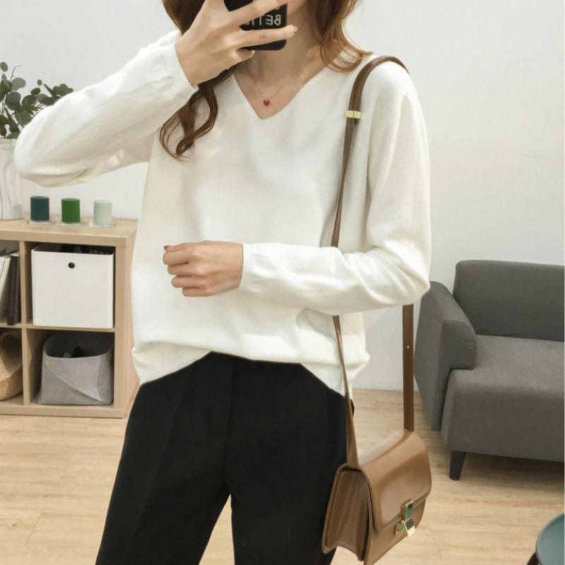 Long-Sleeve V-Neck Plain Knit Top Product Image