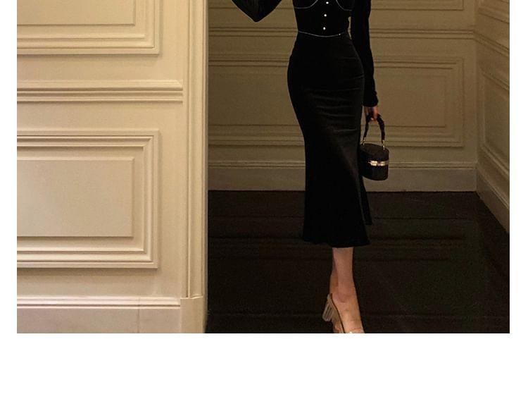 Long-Sleeve Ruffle Trim Velvet Midi Sheath Dress Product Image