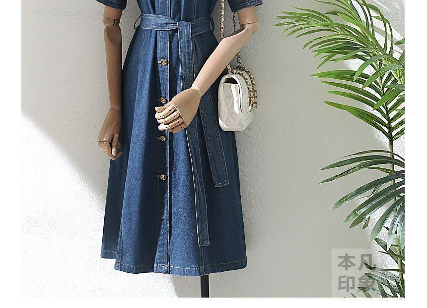 Short-Sleeve Collared Button-Up Denim Midi A-Line Dress Product Image