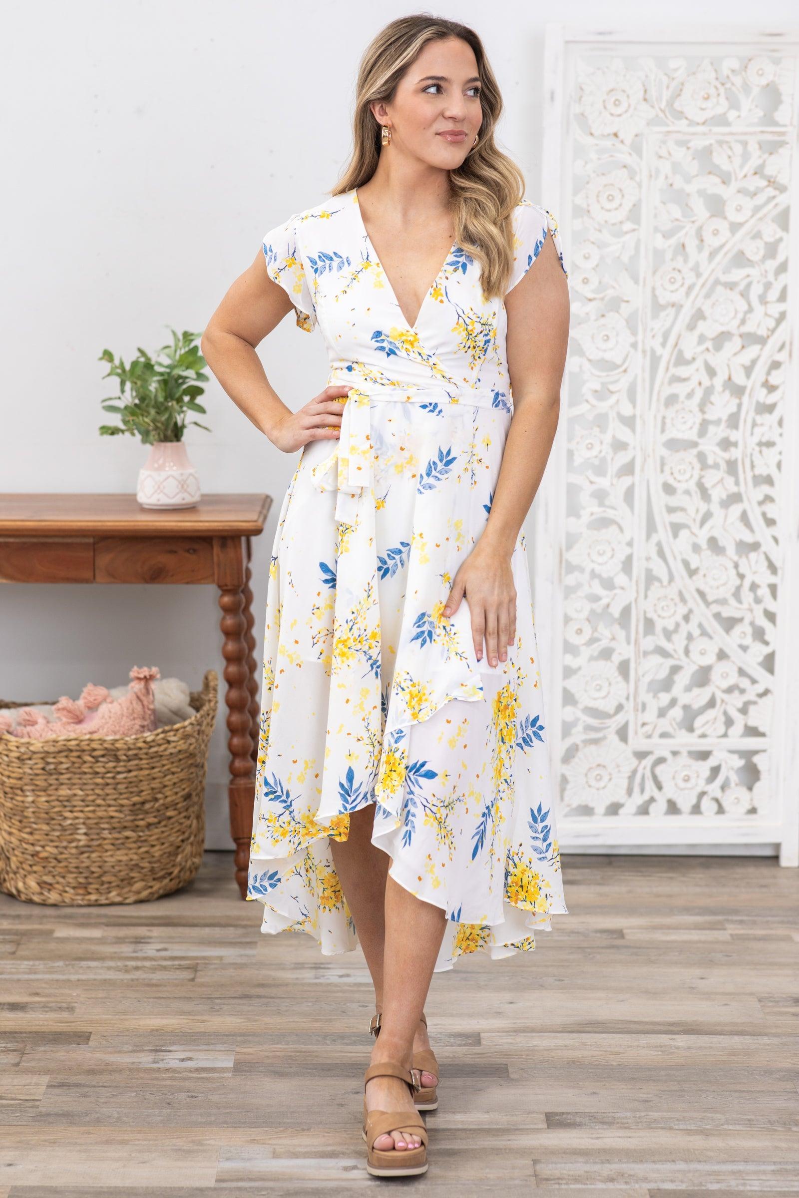 White and Yellow Floral High Low Maxi Dress Product Image