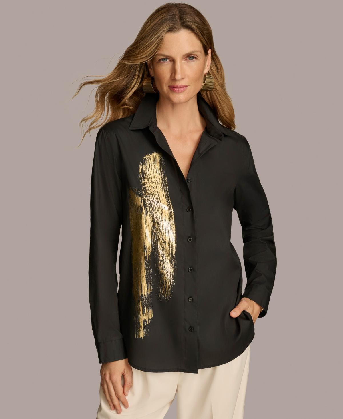 Donna Karan New York Womens Metallic Detail Button-Down Shirt - Black Product Image