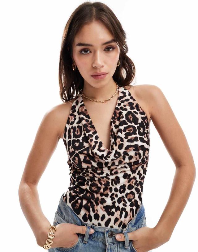 Bershka cowl neck polyamide bodysuit in leopard print Product Image