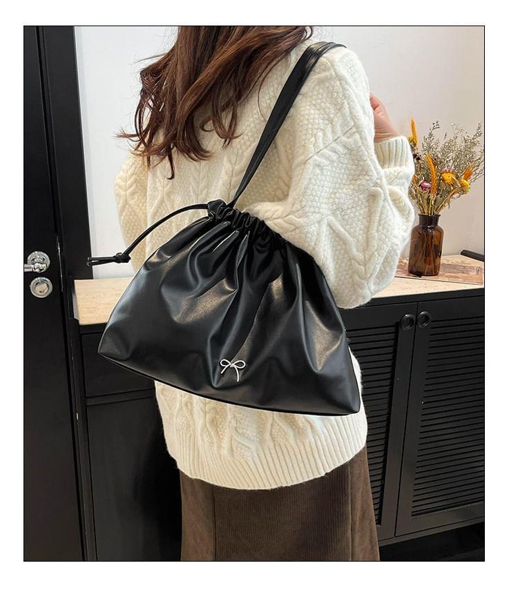 Plain Bow Accent Drawstring Faux Leather Tote Bag Product Image