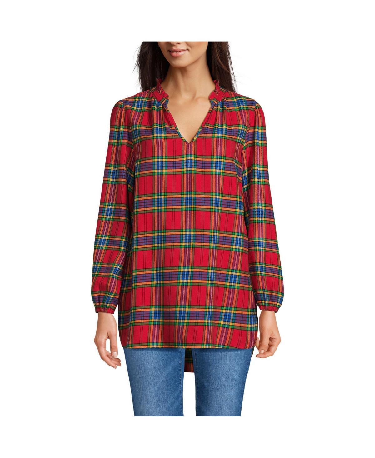 Womens Lands End Brushed Flannel Ruffle Split Neck Tunic Deep Green Plaid product image