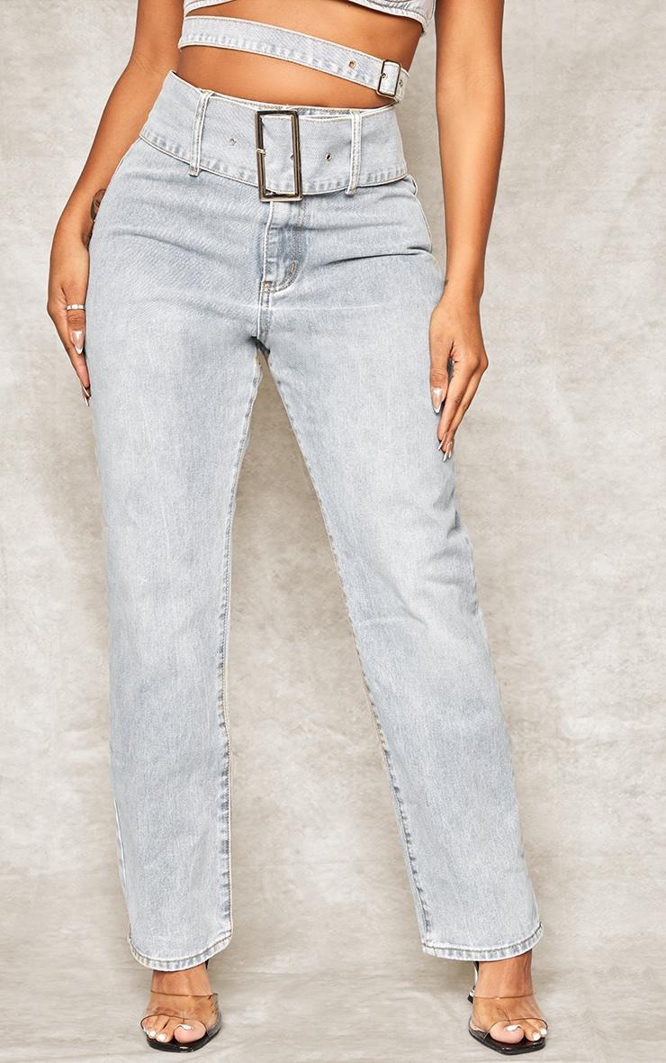 Shape Light Blue Washed Denim Belted Straight Leg Jeans Product Image