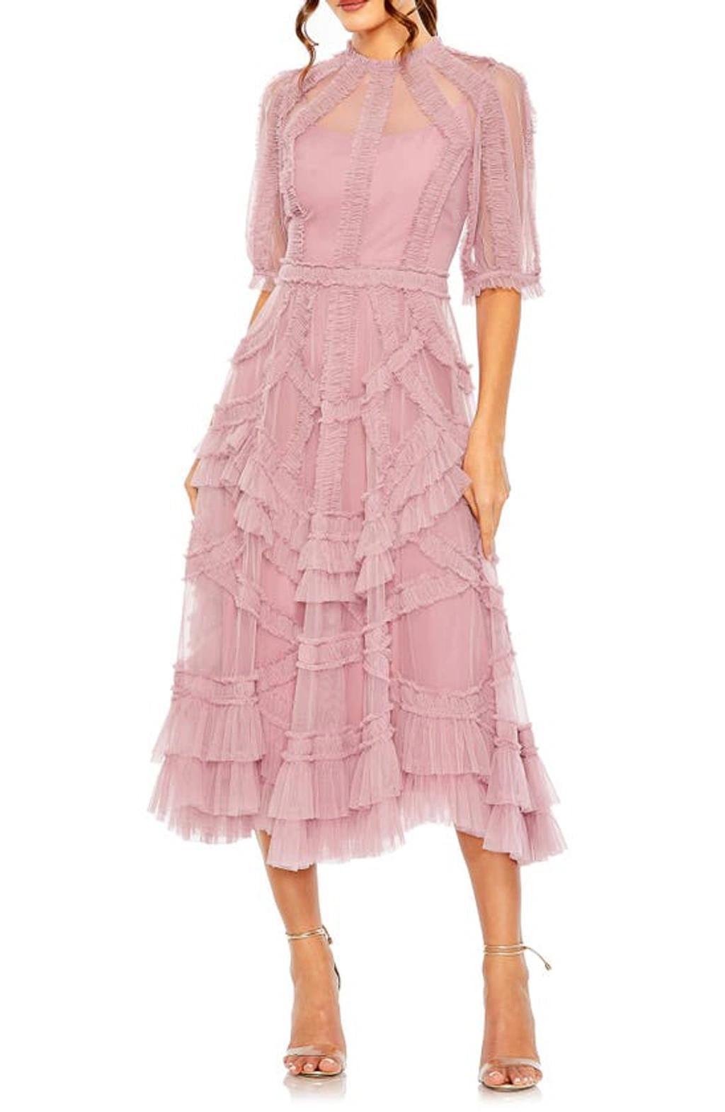 Women's High-neck Gathered Tulle Midi-dress In Antique Rose Product Image