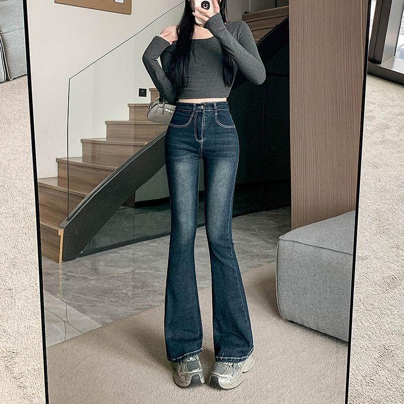 High Rise Washed Flared Jeans Product Image