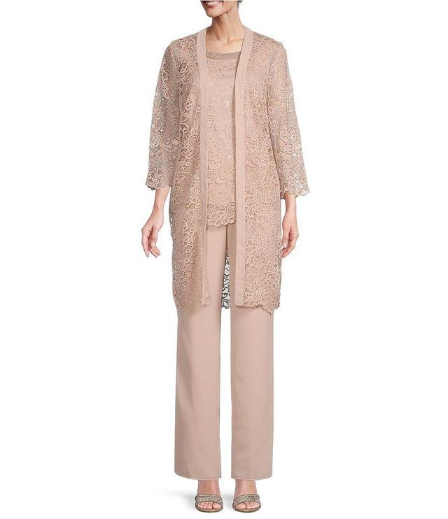 Le Bos Lace 3/4 Sleeve Beaded Round Neck 3-Piece Duster Knit Pant Set Product Image