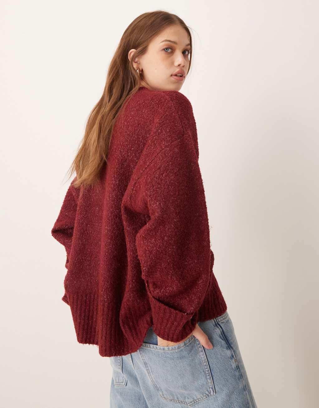 Pretty Lavish oversized borg sweater in burgundy Product Image