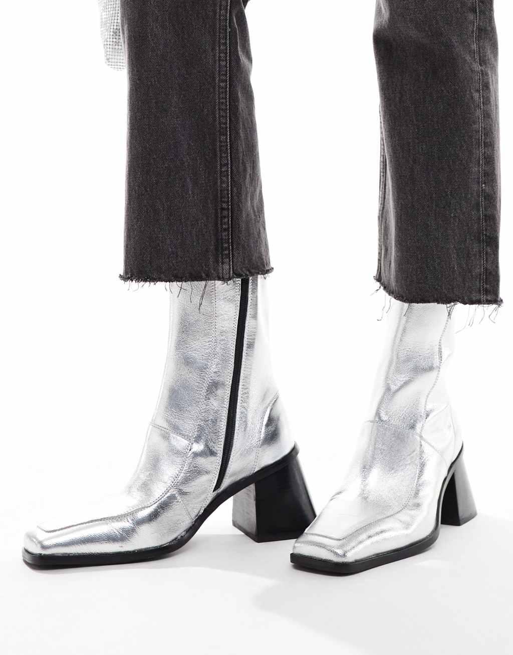 ASOS DESIGN Ria mid-heel leather boots in silver Product Image