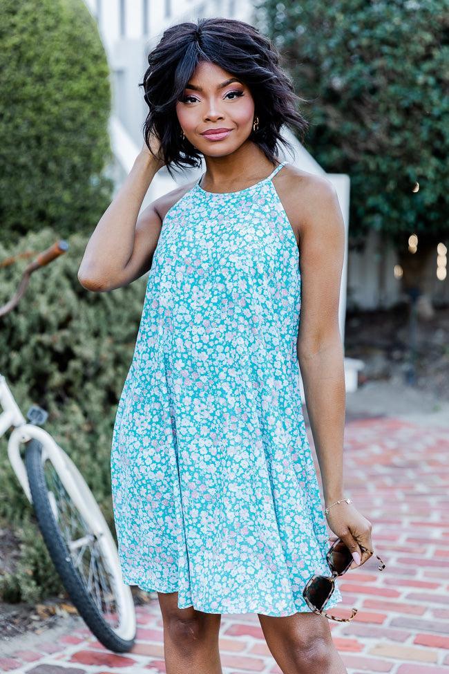 Skies Above Me Floral Teal Halter Mini Dress Product Image