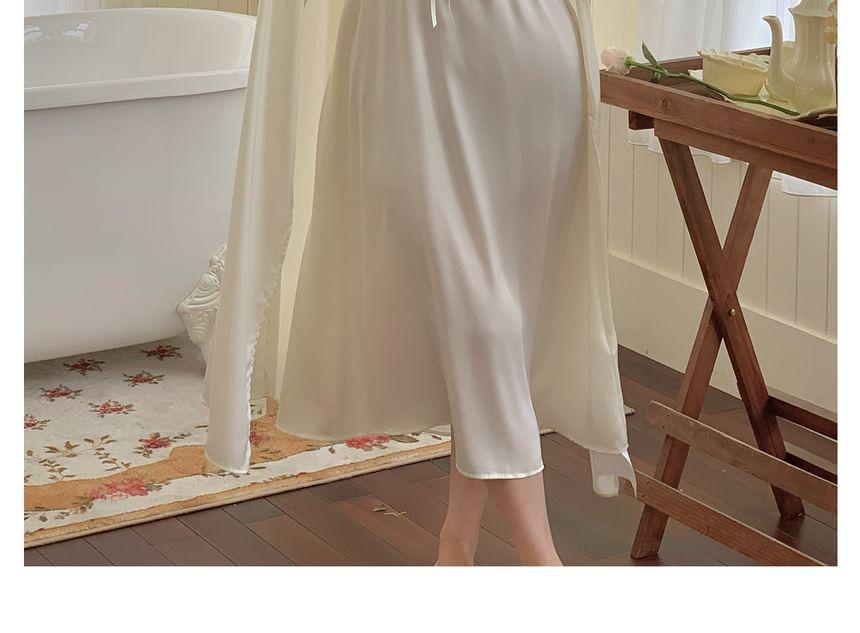 Pajama Set: Plain Lace Trim Robe + Spaghetti Strap Night Dress Product Image