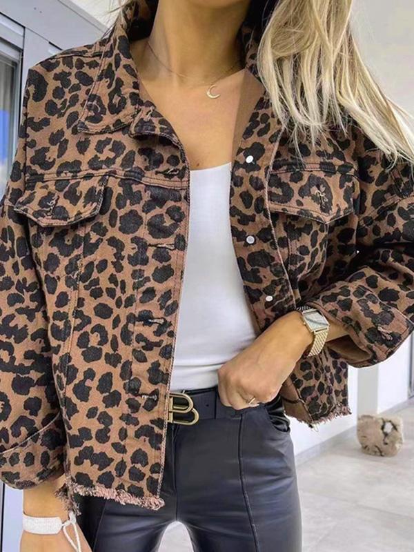 Long Sleeves Loose Buttoned Fringed Leopard Pockets Lapel Outerwear Product Image