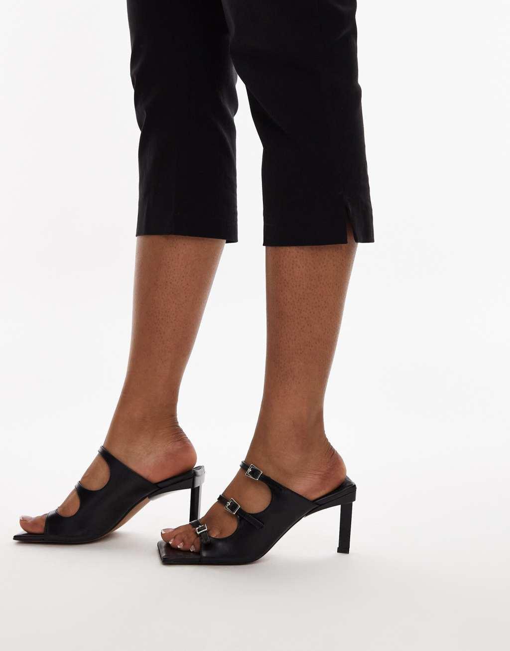 Topshop Gloria premium leather square toe high heeled sandals with buckle detail in black Product Image