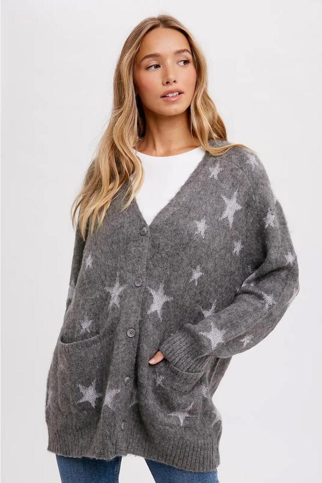 Star Pattern Button Cardigan - with Side Pockets Product Image