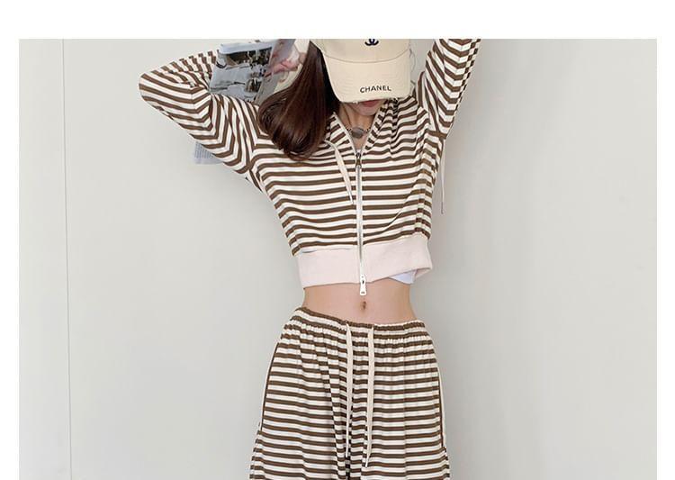 Cropped Striped Hooded Sweatshirt Jacket / Wide-Leg Sweatpants Product Image