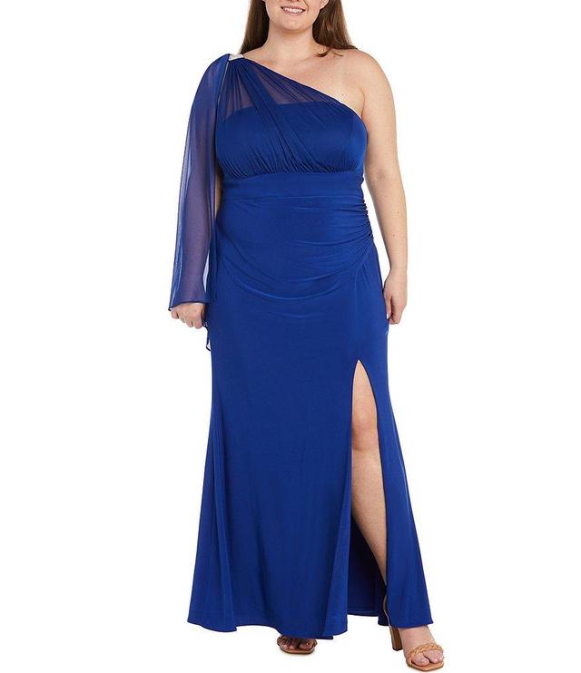 R & M Richards Plus Size Sleeveless One Shoulder Rhinestone Embellished Draped Dress Product Image