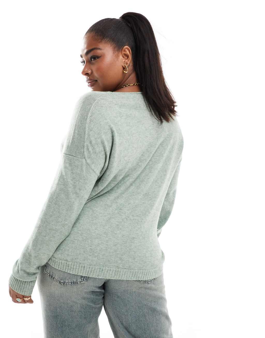 ONLY Curve v-neck sweater in light heathered green  Product Image