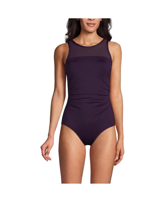 Womens Lands End Mesh High Neck Back Cutout Tummy Slimming One-Piece Swimsuit Product Image