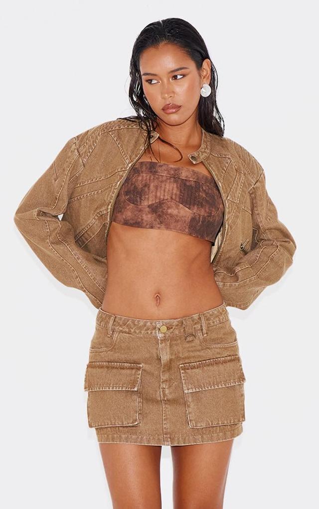 Brown Seam Detail Shoulder Padded Racer Cropped Denim Jacket Product Image