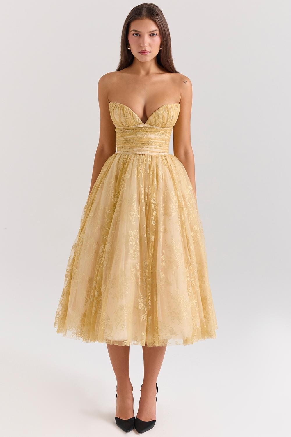 Madame Gold Metallic Lace Tulle Midi Gown Product Image