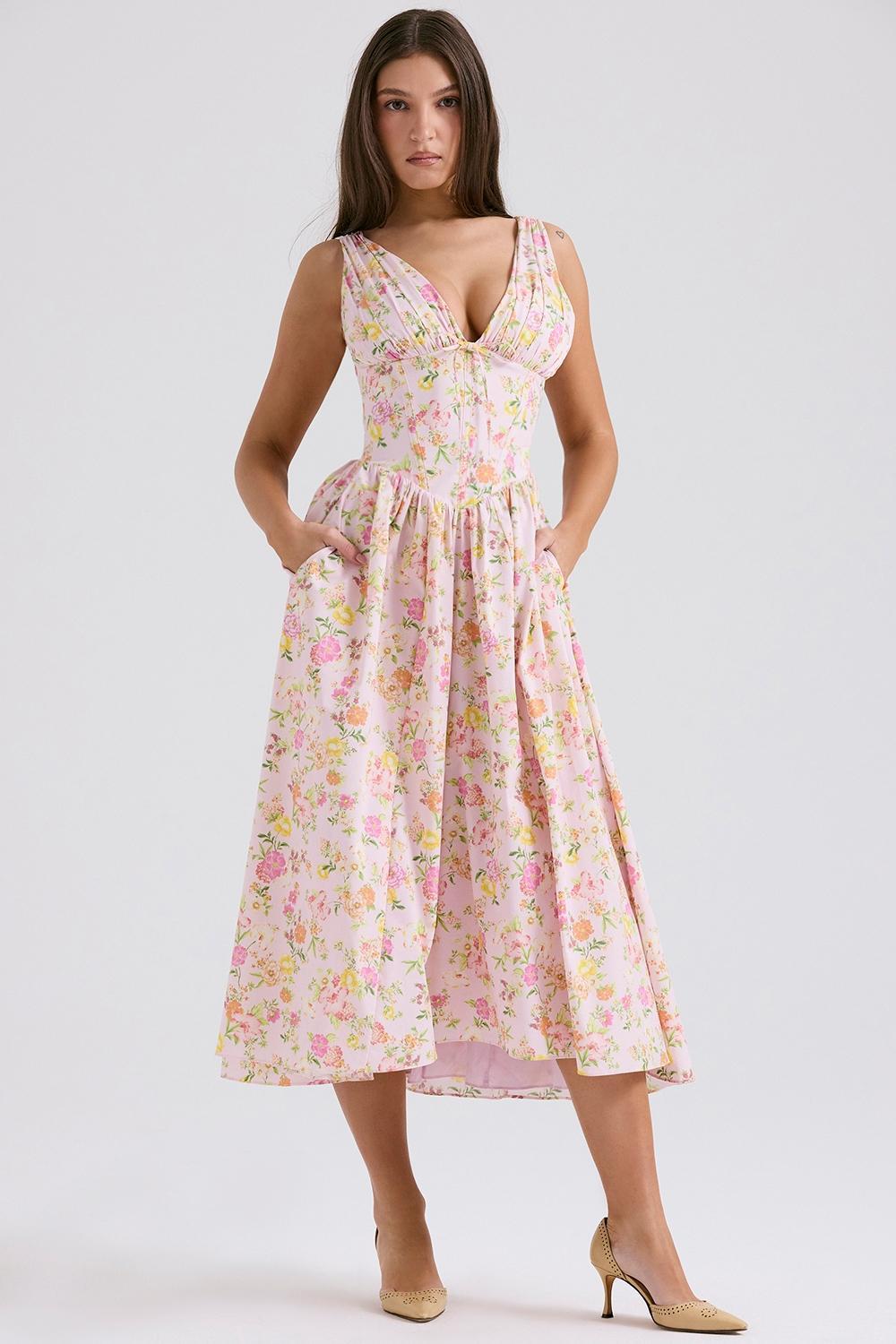 Emmelina Pink Meadow Print Cotton Corset Sundress Product Image