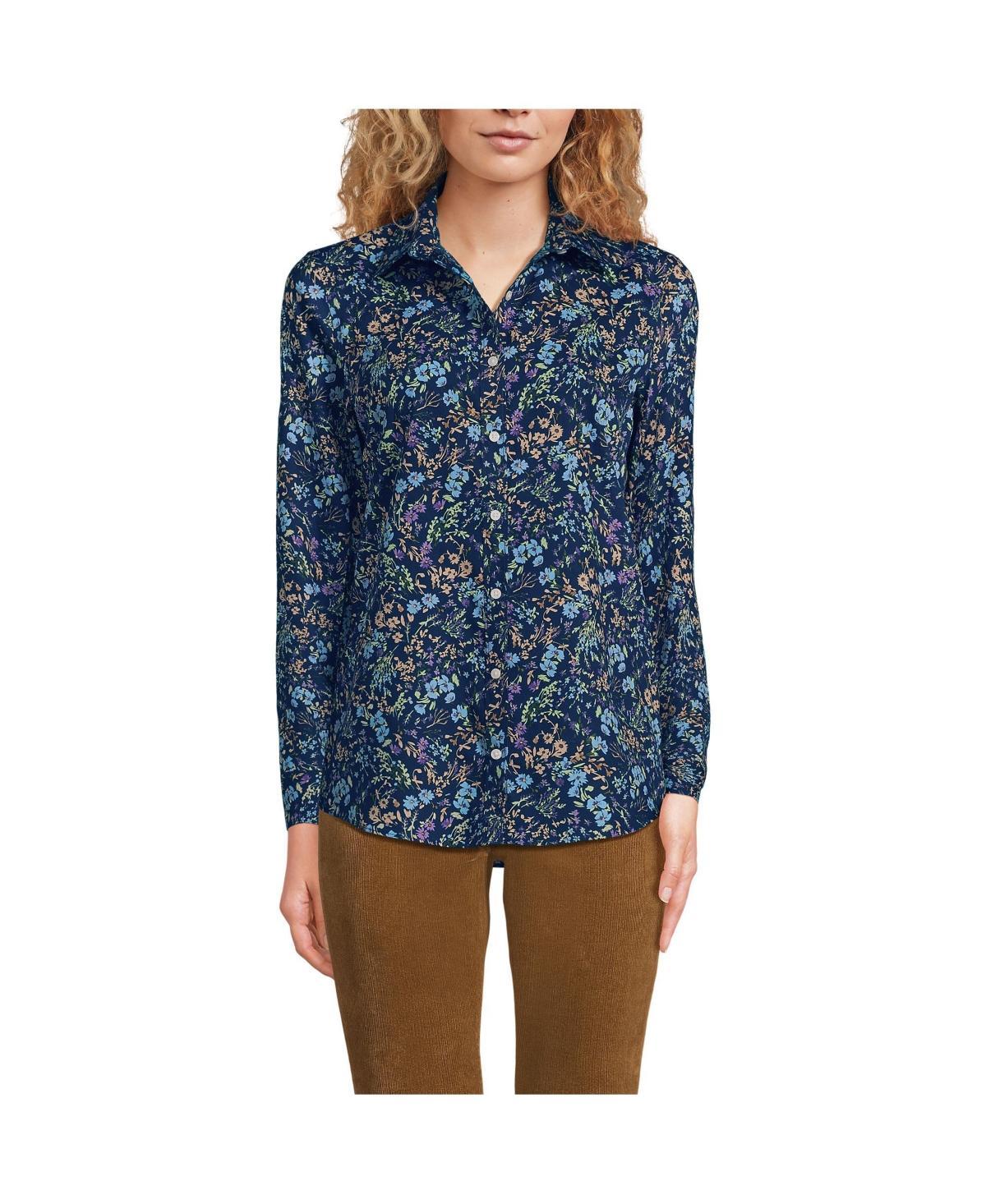 Womens Lands End No-Iron Supima Cotton Shirt Deep Blue Wildflower Product Image