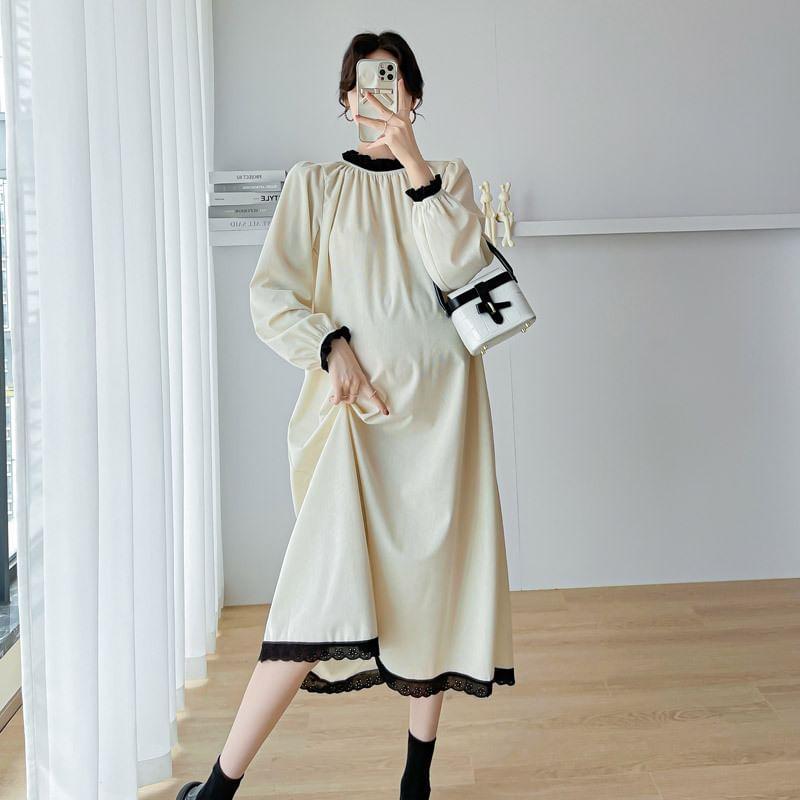 Maternity Set: Long-Sleeve Contrast Trim Midi A-Line Dress + Plain Slit Pinafore Dress Product Image