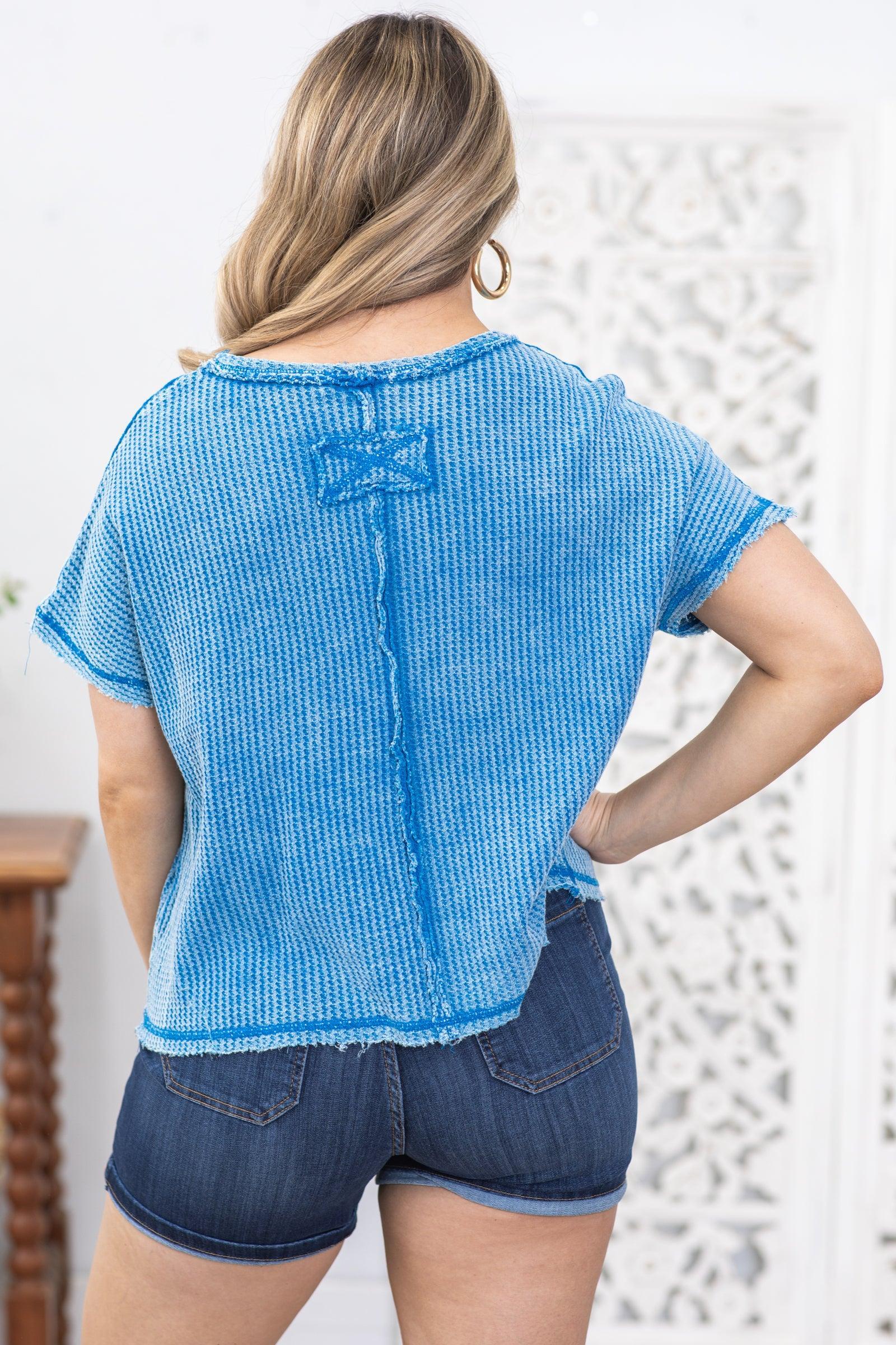 Blue Washed Stitch Detail Waffle Knit Top Product Image