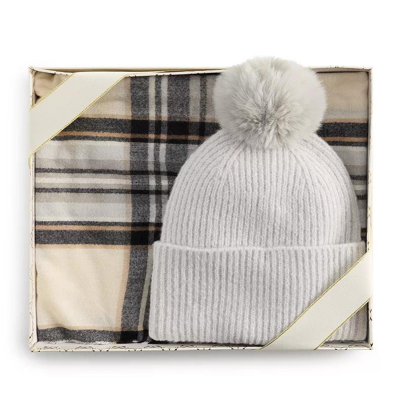 Womens Nine West Classic Plaid Scarf & Solid Pompom Beanie Boxed Set Product Image