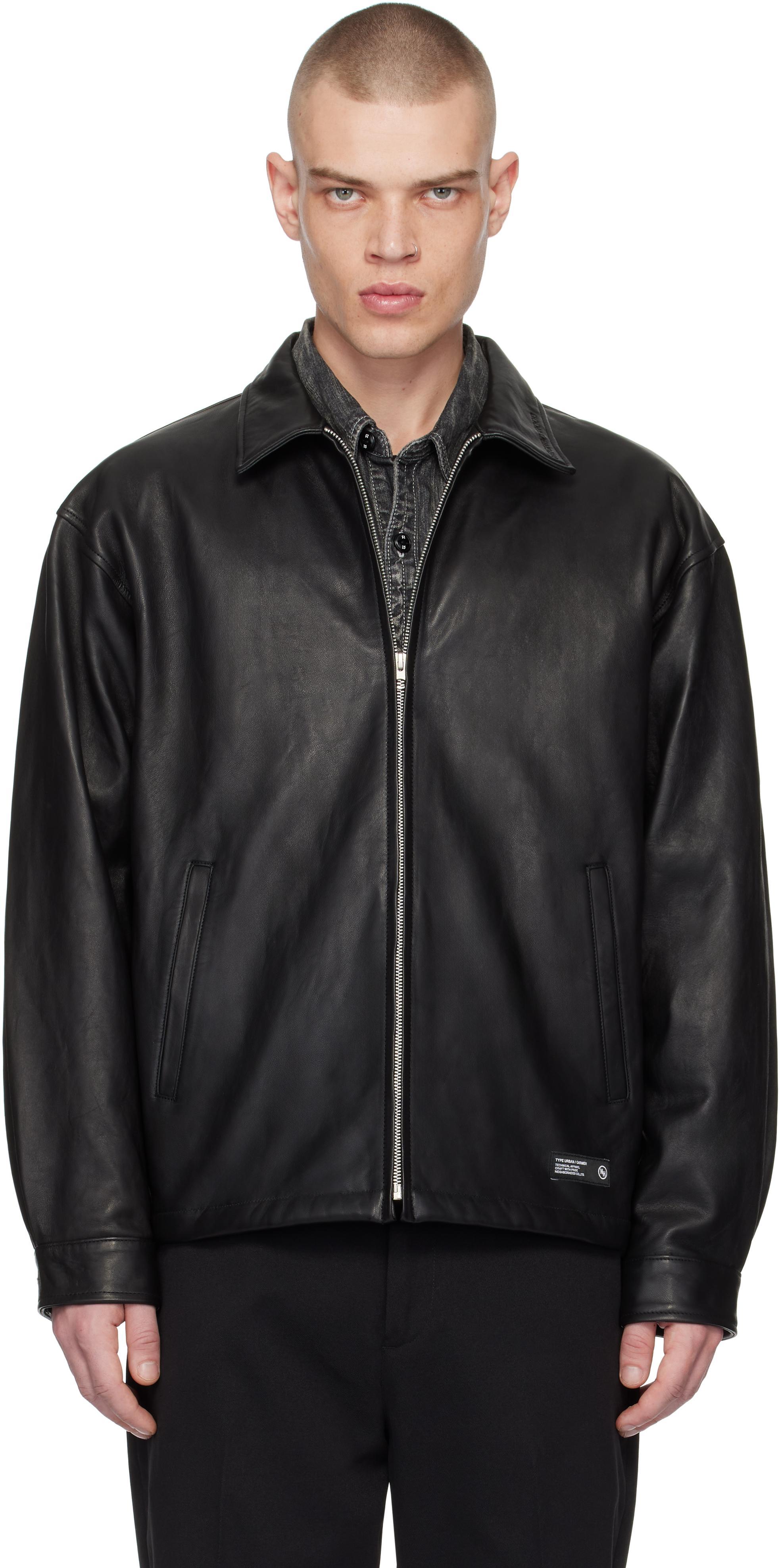 Black Zip Work Leather Jacket Product Image