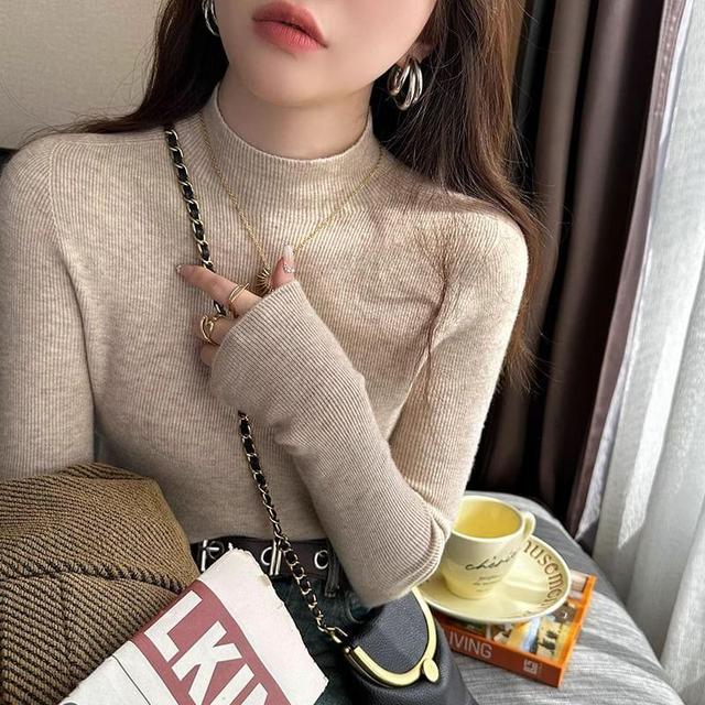 Mock Neck Plain Ribbed Sweater Product Image