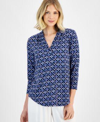 Jm Collection Womens Printed 3/4 Sleeve Pleated-Neck Top, Created for Macys Product Image