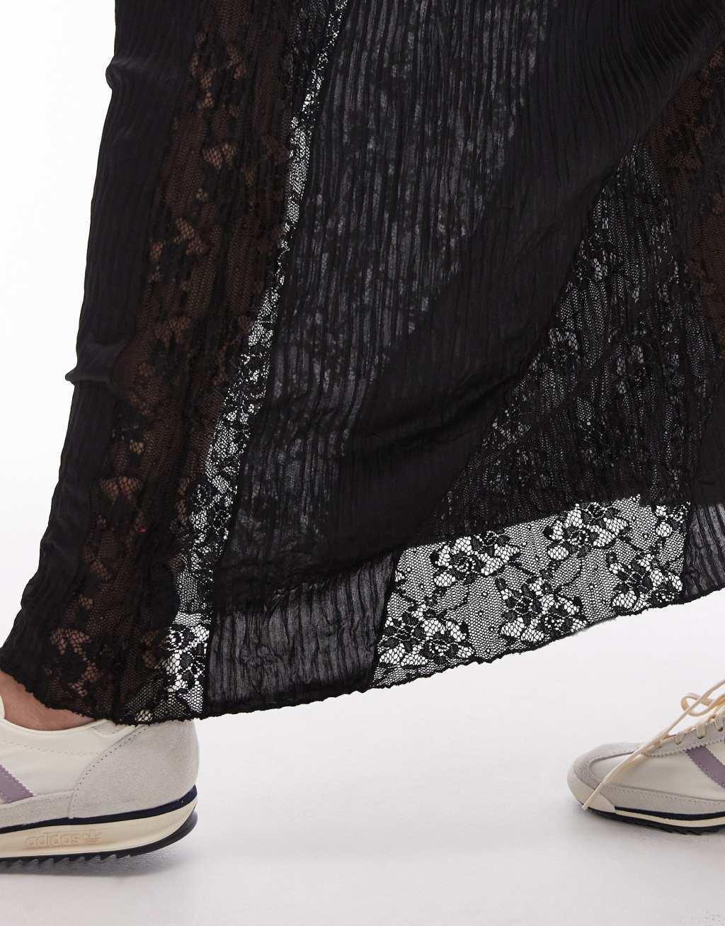 Topshop plisse lace mix jersey skirt in black Product Image