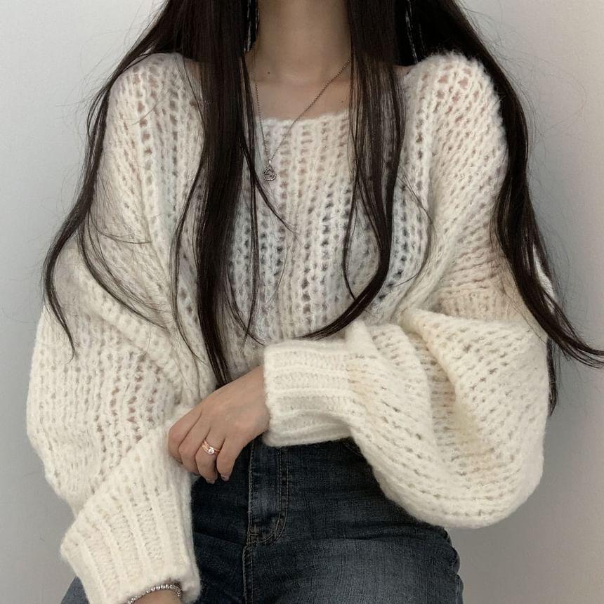 Puff-Sleeve Plain Chunky Knit Sweater Product Image