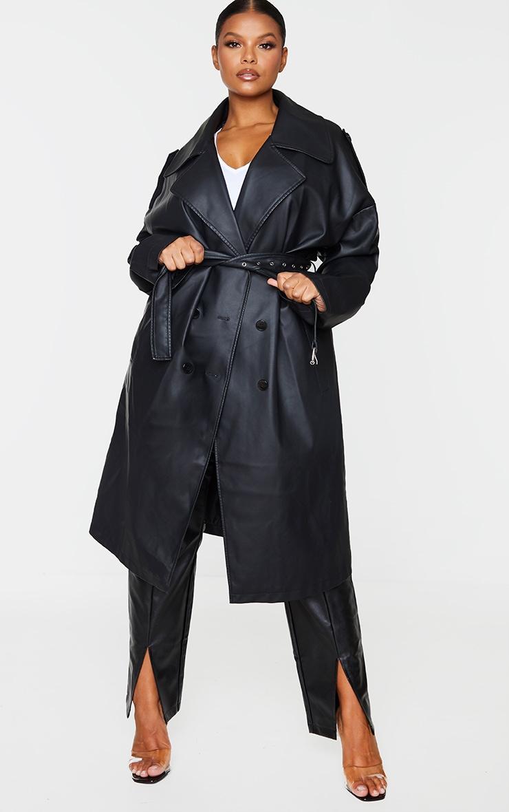 Plus Black Faux Leather Drop Arm Midi Trench Coat product image